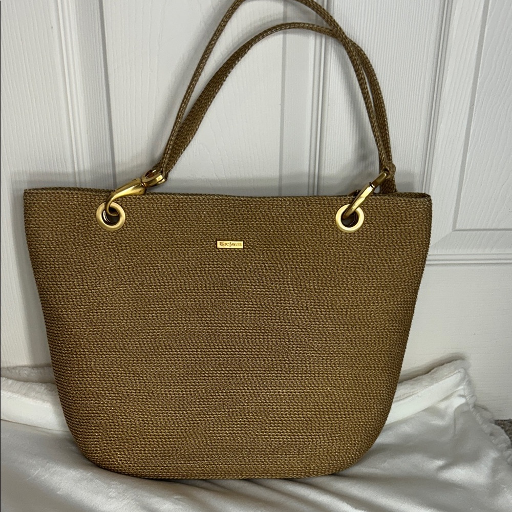 Eric Javits Tan Woven Squishee Tote Gold Hardware